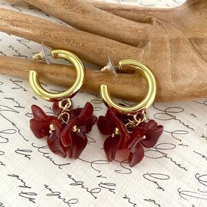 Red Acrylic Flower Petal Dangle Gold Tone Hoop Earrings